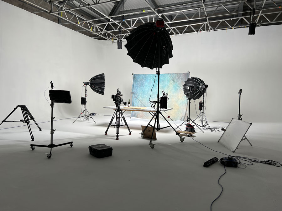 Studio video production filming setup, featuring Sony FX9 camera, canon prime lenses & aputure LED lights