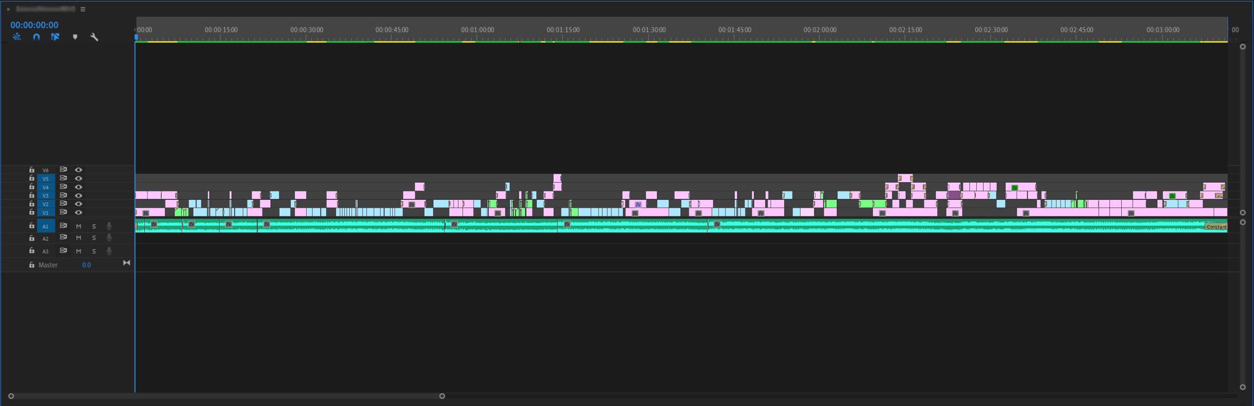 Screenshot of a video editing timeline in Adobe Premiere Pro showing multiple tracks with various clips, transitions, and effects. The tracks are color-coded with different segments marked across the timeline. This is help illustrate different social media video dimensions